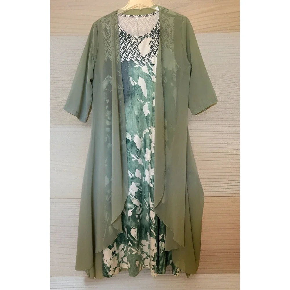 2 Pc Womens Dress Set Medium Green‎ Floral Midi Maxi Dress Sheer Overlay Jacket
